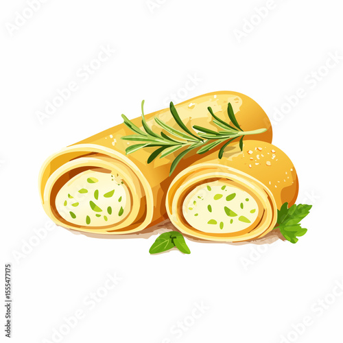 Artistic Crepe Rolls with Herb Cream Cheese and Rosemary Garnish