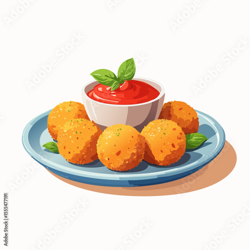 Golden Arancini and Mozzarella Bites with Tomato Sauce and Basil on Plate