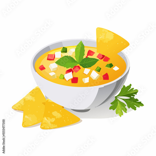 Creamy dip with colorful toppings and tortilla chips, garnished with fresh herbs