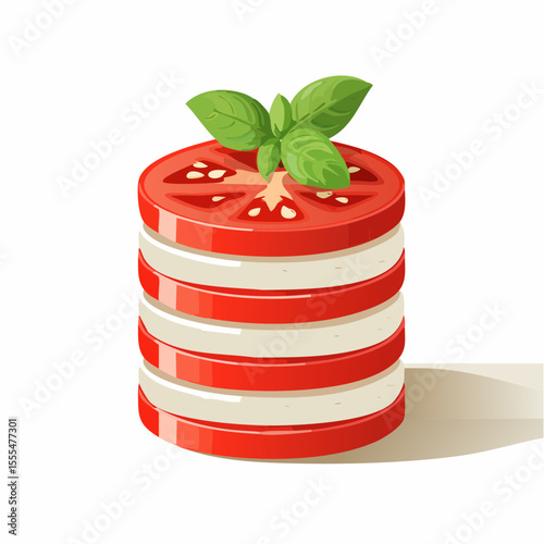 Stylized Tomato and Mozzarella Stack Topped with Fresh Basil Leaves