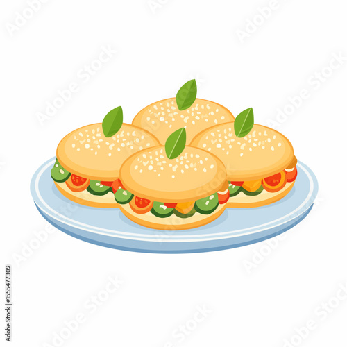 Four Sesame Seed Buns with Vegetables and Leaf Garnish on a Blue Plate