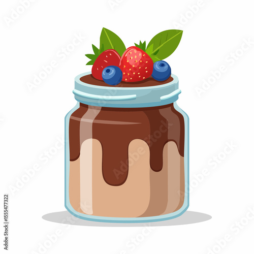 Cartoon dessert jar with chocolate drizzle, strawberries, blueberries, and green leaves
