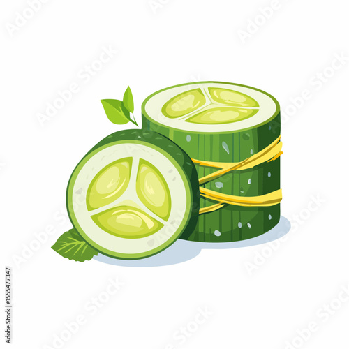 Sliced Cucumber with Mint Leaves and Yellow Ribbon, Fresh and Vibrant