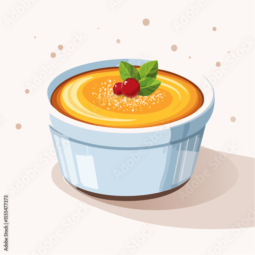 Creamy custard dessert in a ramekin with cranberries and mint leaves