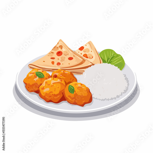 Appetizing Indian Thali with Curry Balls, Roti, Rice, and Lettuce on a Plate