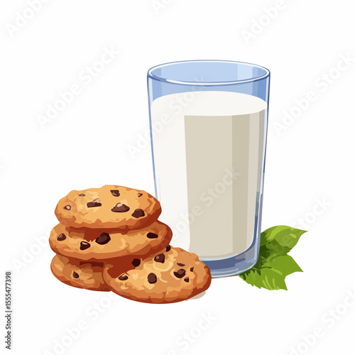 Stacked chocolate chip cookies with a glass of milk and green leaves