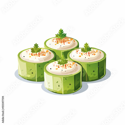 Four stylized cucumber bites filled with creamy topping and garnished with parsley