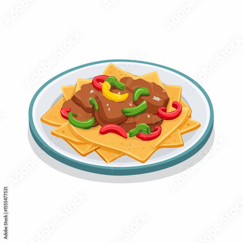 Cartoon nachos with meat and colorful peppers on a plate, isometric view