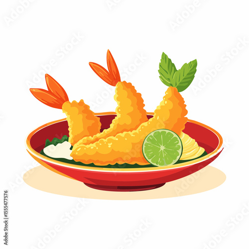 Crispy Shrimp Tempura with Lime and Mint in a Red Bowl Illustration