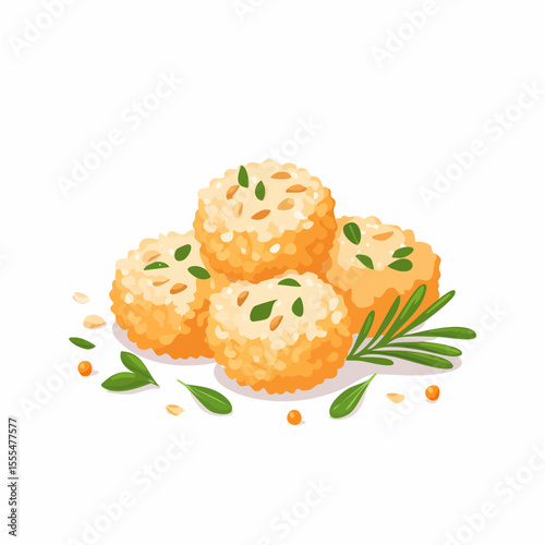 Golden Arancini Stack with Rosemary and Scattered Garnish, a Culinary Delight