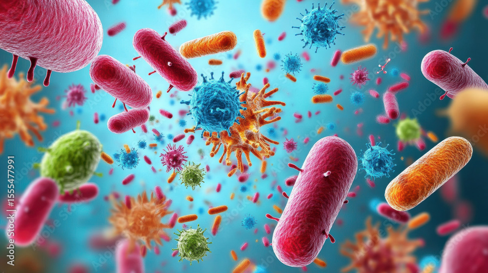 Fototapeta premium Bacteria, Pathogenic bacteria invading human tissue, illustrating infection mechanisms in medical contexts.
