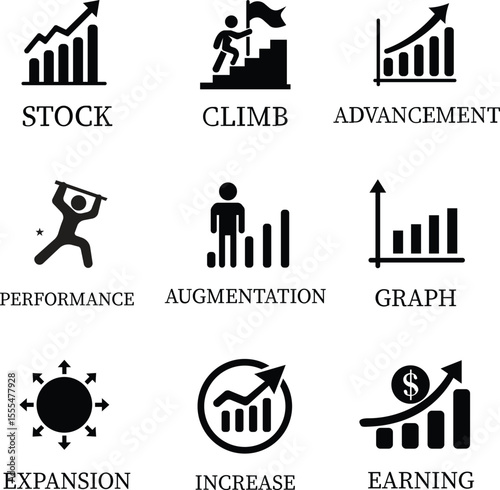 Growth icon set.Containing performance, gain, improvement, grow, chart, increase, evolution and development icon.Increase and Decrease Line Icon.Vector illustration.