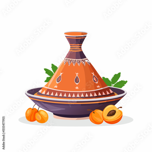Ornate orange tagine with geometric designs, surrounded by fresh apricots and mint leaves