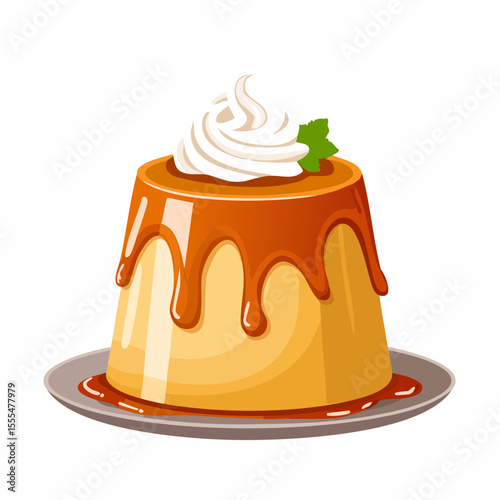 Delicious caramel custard dessert with whipped cream and mint leaf on a plate