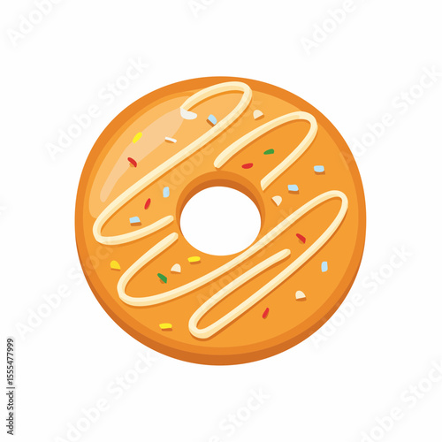 Cartoon donut with orange glaze, white icing stripes and colorful sprinkles