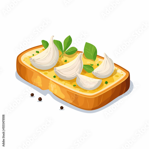 Garlic Bread Slice Topped with Fresh Basil Leaves and Black Pepper