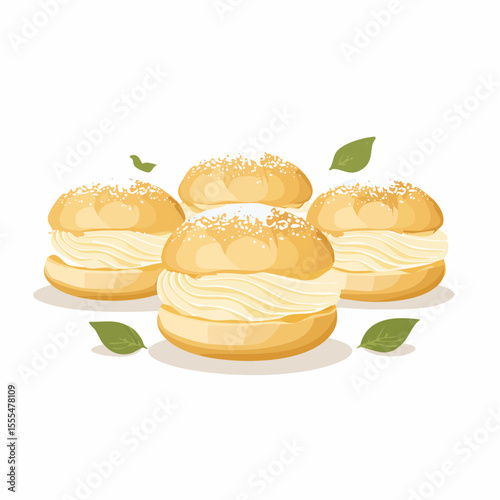 Semla Buns: Cream-Filled Swedish Pastries with Powdered Sugar and Green Leaves