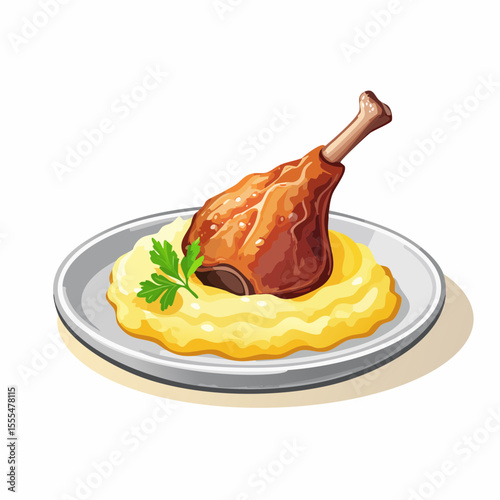 Roasted Duck Leg Confit on Creamy Mashed Potatoes with Parsley Garnish