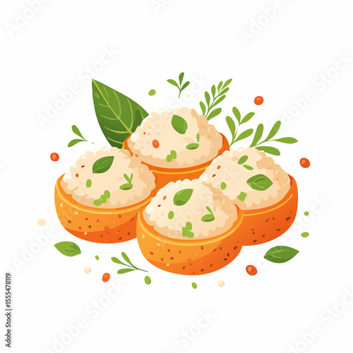 Four bowls of rice topped with basil leaves and red peppercorns