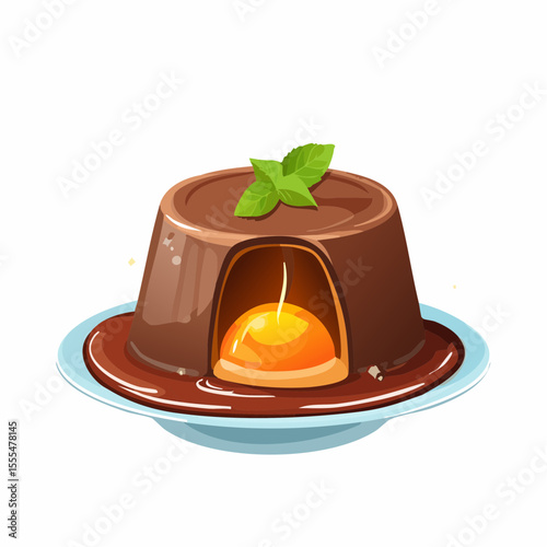Cartoon illustration of a caramel custard dessert with mint garnish on a plate