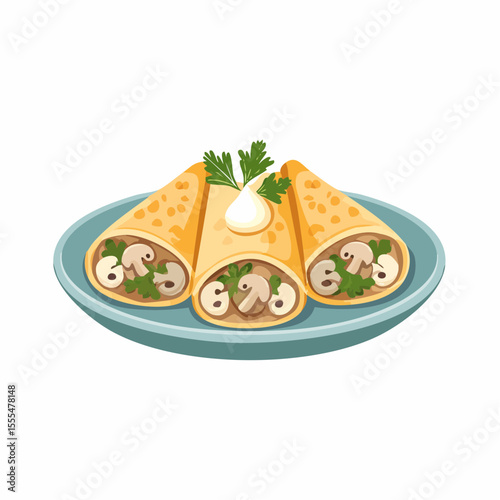 Three mushroom crepes with parsley and cream sauce on a blue plate