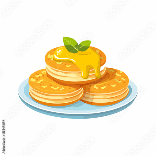 Stack of Pancakes with Honey and Mint Leaves on a Blue Plate