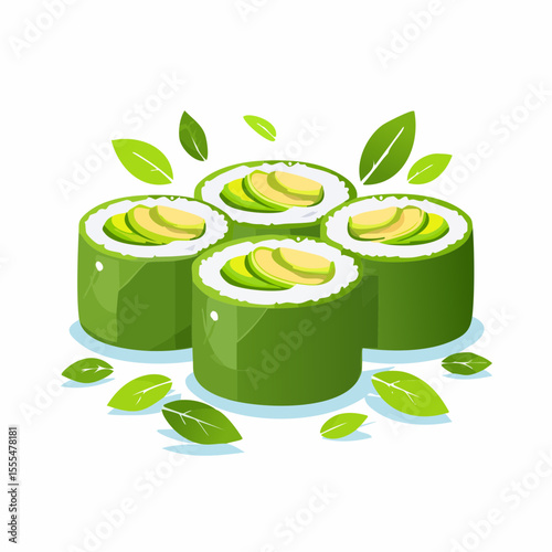 Stylized Avocado Sushi Rolls with Green Seaweed and Rice, Topped with Leaves