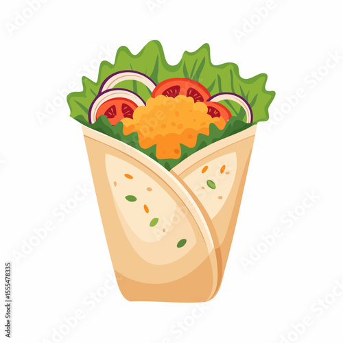Colorful Wrap with Lettuce, Tomatoes, Onions, and Orange Filling Illustration