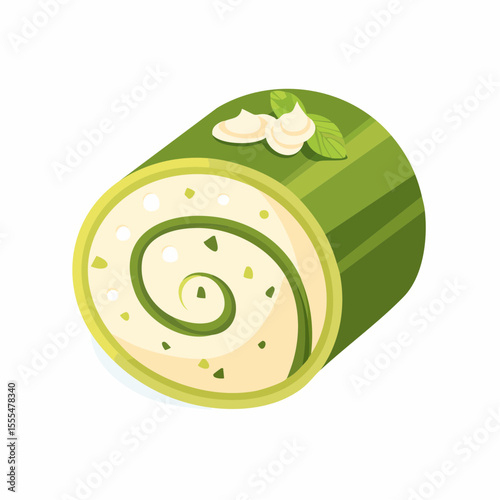 Matcha Swiss Roll Slice with Cream Topping and Green Sprinkles Illustration