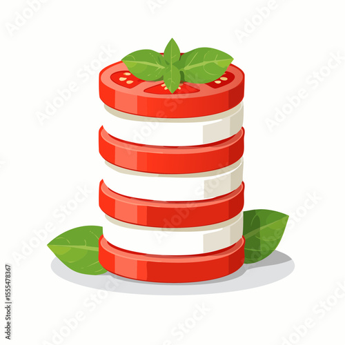 Stacked Caprese Salad: Tomato and Mozzarella Slices with Fresh Basil Leaves