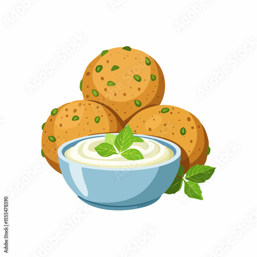 Falafel Balls with Creamy Dip and Mint Leaves, Middle Eastern Cuisine