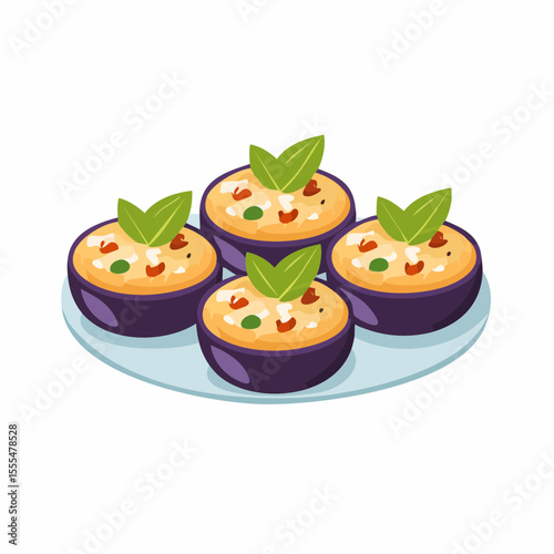 Four bowls of creamy soup garnished with basil leaves on a plate