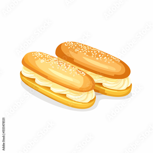 Two golden eclairs filled with creamy custard and sprinkled with sesame seeds
