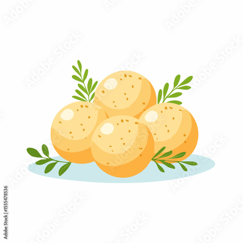 Four cartoon potatoes with light yellow skin and green sprigs illustration