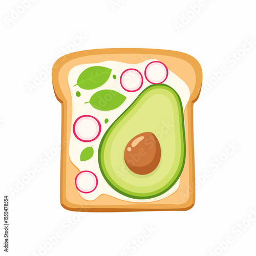 Toasted Bread Slice with Cream Cheese, Avocado, Radish Slices and Green Leaves