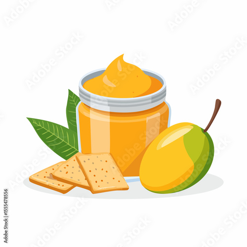 Mango jam in a jar with crackers and a fresh mango fruit
