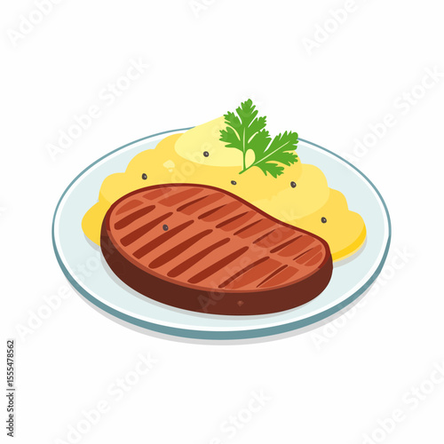 Grilled Steak with Mashed Potatoes and Parsley on a Plate Illustration