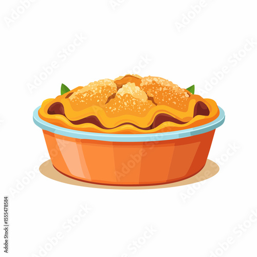 Stylized Orange Pie with Crumble Topping and Blue Rimmed Dish Illustration