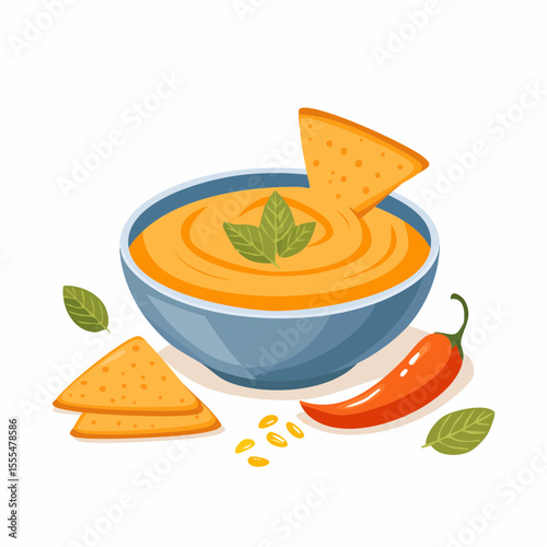 Appetizing bowl of orange dip with tortilla chips and a red chili pepper