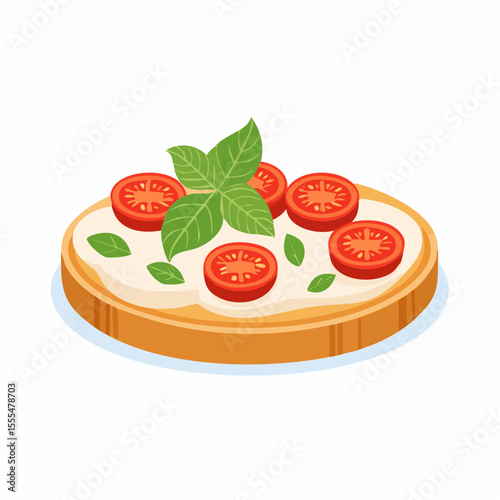 Toasted bread slice topped with creamy spread, tomato slices, and fresh basil leaves