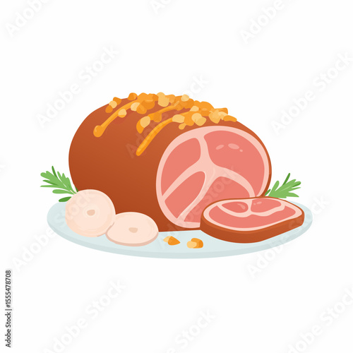 Stylized ham with garnish and sliced onions on a light blue plate