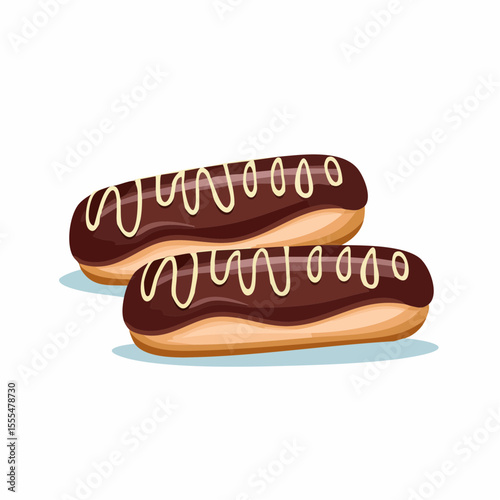 Two Chocolate Eclairs with Creamy White Icing Drizzle, Pastry Dessert