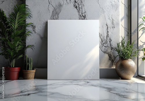 Blank Canvas in Marble Room with Potted Plants and Natural Light

