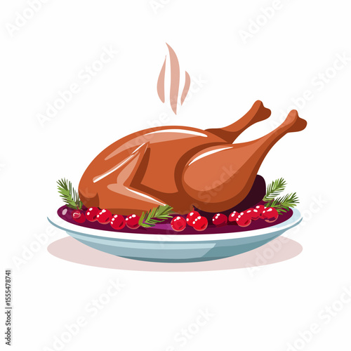 Roasted turkey with cranberries and garnish on a platter, steaming