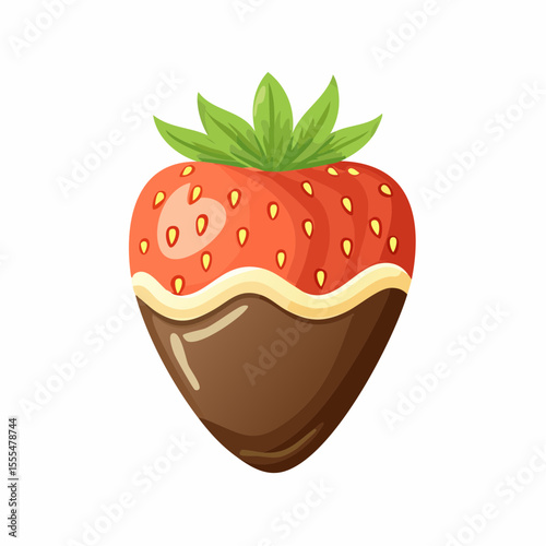 Cartoon Strawberry Dipped in Chocolate with Creamy White Layer and Green Leaves