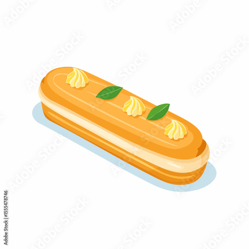 Isometric Eclair with Cream Swirls and Green Leaf Garnish, Pastry Delight