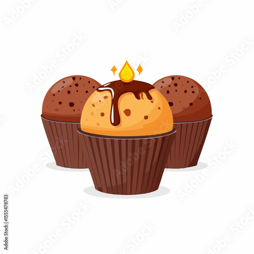 Three stylized cupcakes with chocolate drizzle and sprinkles, one with a candle