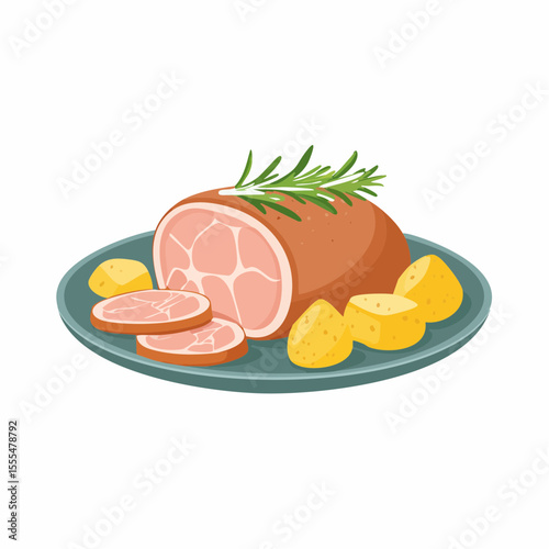 Cartoon Ham Roast with Rosemary and Potatoes on a Blue Plate