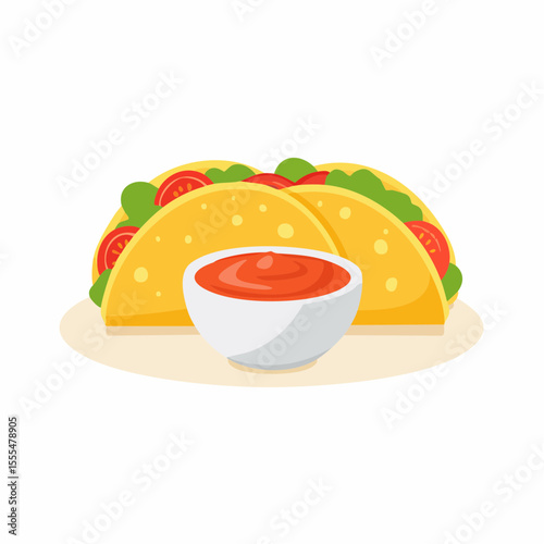 Two cartoon tacos with tomatoes, lettuce, and a bowl of red sauce
