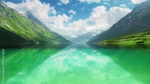 Serene mountain lake with mirroring clouds